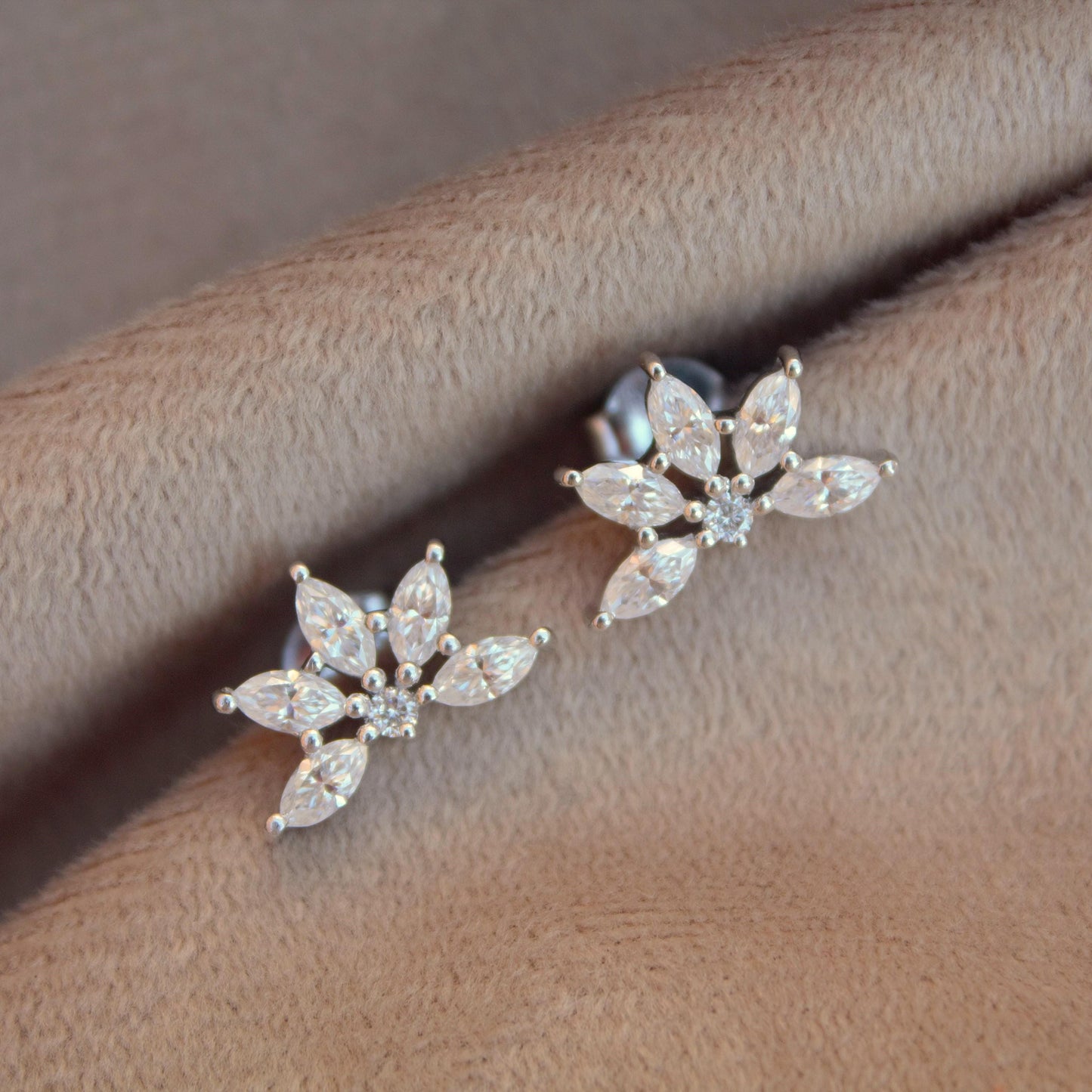 Half Flower Elegant Moissanite Stud Earrings, 925 Sterling Silver Marquise Stud Earrings, Minimalist Perfect Wedding Jewelry, Beautiful Stud