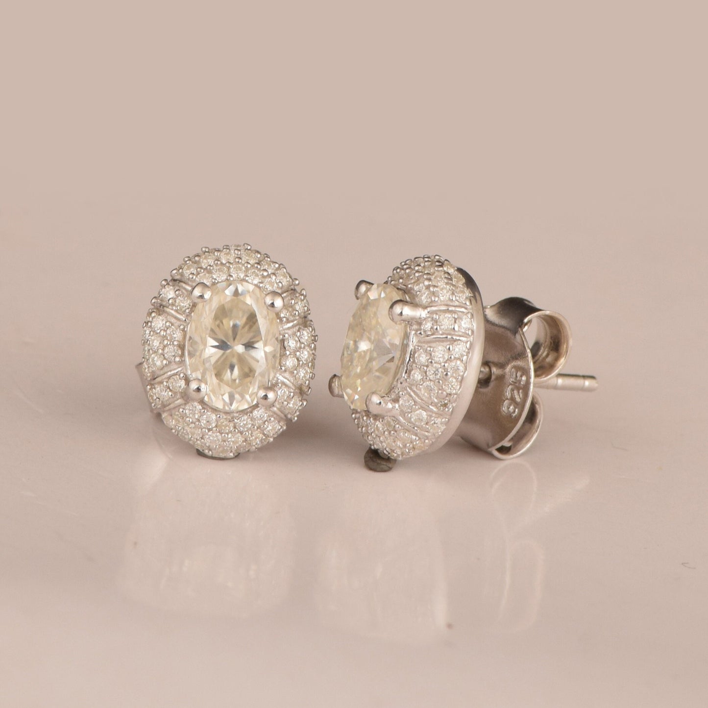 18K Gold Halo Earrings, White Gold Stud Earring, Colorless Moissanite Stud Earrings, Oval Stud Earrings, 14K Gold Wedding Earrings for Women