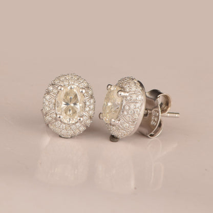 18K Gold Halo Earrings, White Gold Stud Earring, Colorless Moissanite Stud Earrings, Oval Stud Earrings, 14K Gold Wedding Earrings for Women