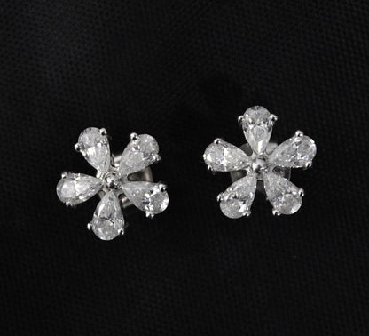 925 Sterling Silver Moissanite Tiny Floral Stud Earrings, Silver Stud Earrings for Her, Minimalist Pear Stud Earrings, Perfect Birthday Gift