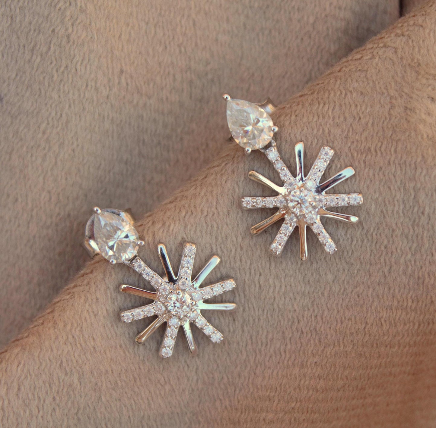 Moissanite Cluster Flower Stud Dangle Earrings, Designer Party Wear Earrings, Floral Shape Earrings for Women, Vintage Earrings in Silver