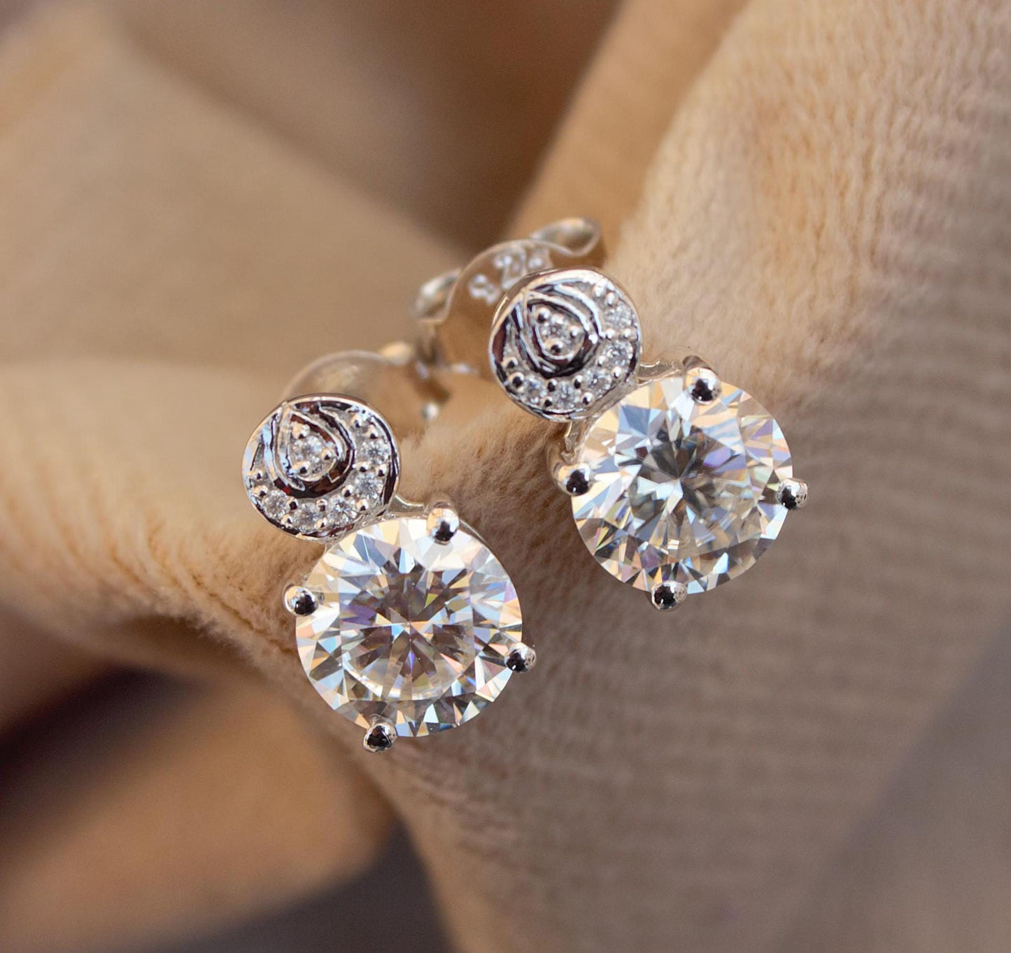 Statement Moissanite Stud Dangle Earrings, Round Cut White Stone Everyday Earrings, 925 Sterling Silver Push Back Earrings, Ready To Ship