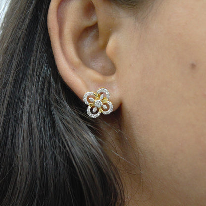 Designer Gold Diamond Jewelry Set, 18k Yellow Gold Chain Pendant with Stud Earrings, Clover Diamond Jewelry, Wedding Jewelry Gift for Bride