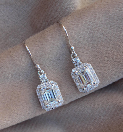 Emerald Cut Moissanite Dangle Earrings, Ear Wire Earrings for Women, 925 Sterling Silver Earrings, Minimalist Solitaire Halo Earrings