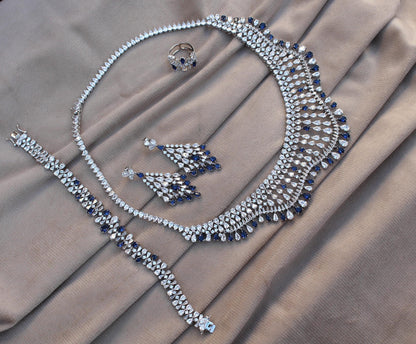 Cubic Zirconia Silver Jewelry Set, Choker Necklace with Earring-Ring-Bracelet, Designer 925Sterling  Jewelry Set Perfect Valentines Day Gift