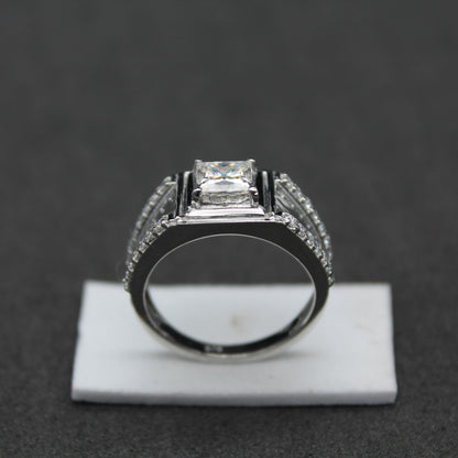 Princess Cut With Side Round Moissanite Ring, Men's Wedding Ring, Unique Silver Ring, Moissanite Jewelry for Him, 925 Sterling Silver Ring