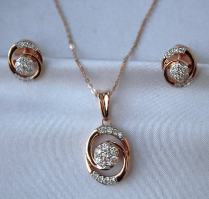 Natural Diamond Pendant Earrings Set, 18k Rose Gold Bridal Jewelry Set, Minimalist Oval Shape Pendant with Stud Earrings, Gift for Women