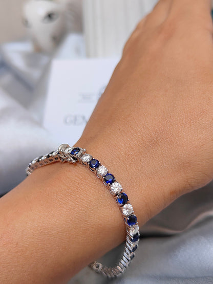 Moissanite and Lab Made Sapphire Bracelet, 3.5 mm Stones Bracelet, Moissanite Jewelry, Blue Sapphire Jewelry, Statement Elegant Bracelet