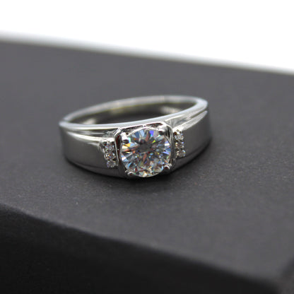 Men's Moissanite Silver Ring, 925 Sterling Silver Ring, VVS Moissanite Engagement Ring, Round Cut Ring, Perfect Anniversary Gift For Him