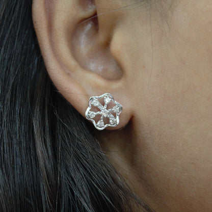 Floral Shape Solitaire Diamond Necklace Earrings Set,18k White Gold Real Diamond Jewelry Set, Chain Pendant with Stud Earrings, Gift for Her