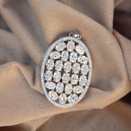 Oval Shape Statement 925 Silver Pendant, Oval & Round Moissanite Pendant For Anniversary Gift, Heavy Victorian Style Pendant For Her
