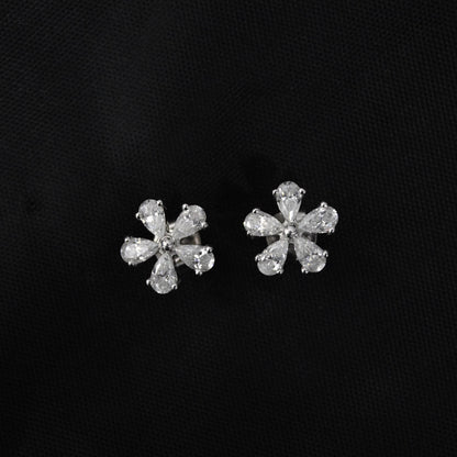 925 Sterling Silver Moissanite Tiny Floral Stud Earrings, Silver Stud Earrings for Her, Minimalist Pear Stud Earrings, Perfect Birthday Gift