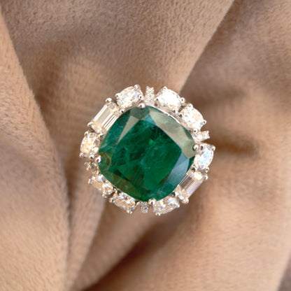 Cushion Emerald Inclusion with Moissanite Ring, Green Gemstone Silver Jewelry, 925 Silver Statement Ring For Anniversary Gift