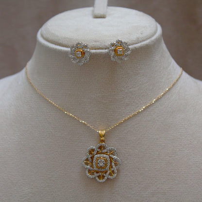 18k Yellow Gold Designer Necklace Earrings Set, Real Diamond Jewelry Set for Bridesmaids, Halo Jewelry in Gold, Anniversary Gift for Wife