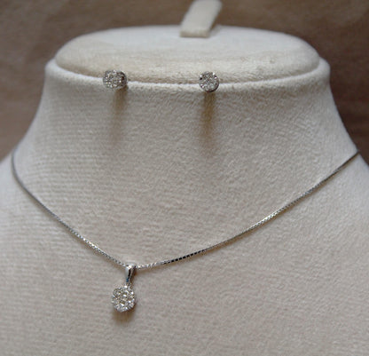 Solid 18K White Gold Diamond Jewelry, Solitaire Tiny Pendant Earring Set, Gold Chain Necklace Set, Perfect Graduation Gift for Daughter