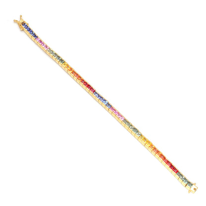 Rainbow Sapphire Bracelet, Princess Cut Sapphire Jewelry, Multi Color Bezel Setting Bracelet, Dainty Gold Bracelet, Anniversary Gift for Her