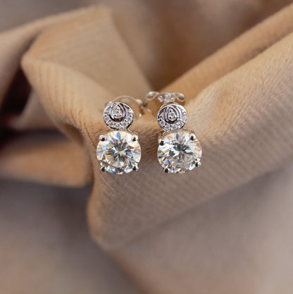 Statement Moissanite Stud Dangle Earrings, Round Cut White Stone Everyday Earrings, 925 Sterling Silver Push Back Earrings, Ready To Ship