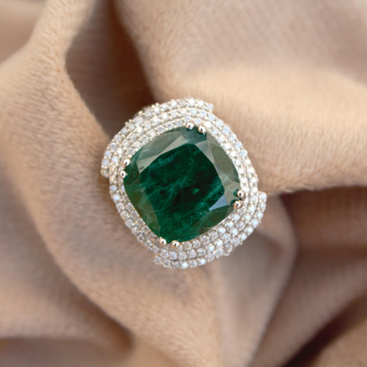 Green Inclusion Emerald with Moissanite Ring, 925 Sterling Silver Vintage Prong Set Ring, Victorian Style Ring, Halo Ring, Perfect for Gift