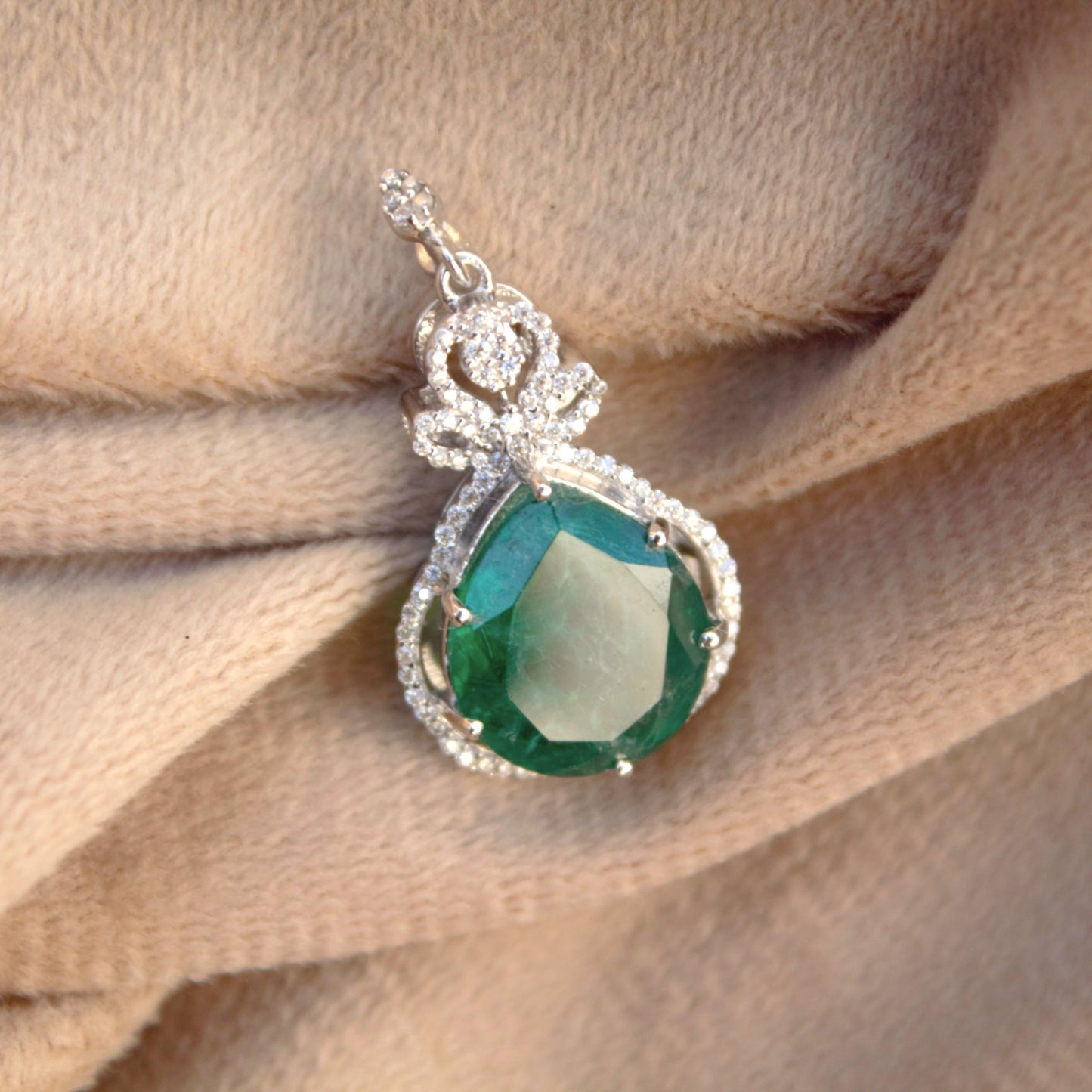 Green Inclusions Emerald With Moissanite Pendant, 925 Sterling Silver Moissanite Pendant For Gift, Victorian Style Pendant Without Chain