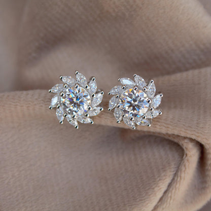 Moissanite Stud Earrings in 925 Sterling Silver, Marquise and Round Cut Stone Earrings, Floral Shape Earrings for Bride, White Stone Studs