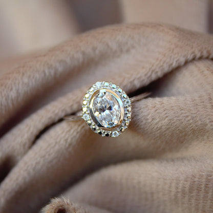 Oval Cut Moissanite Ring in 925 Sterling Silver, Statement Wedding/Engagement Ring for Women, Silver Halo Ring, Lightweight Travel Jewelry