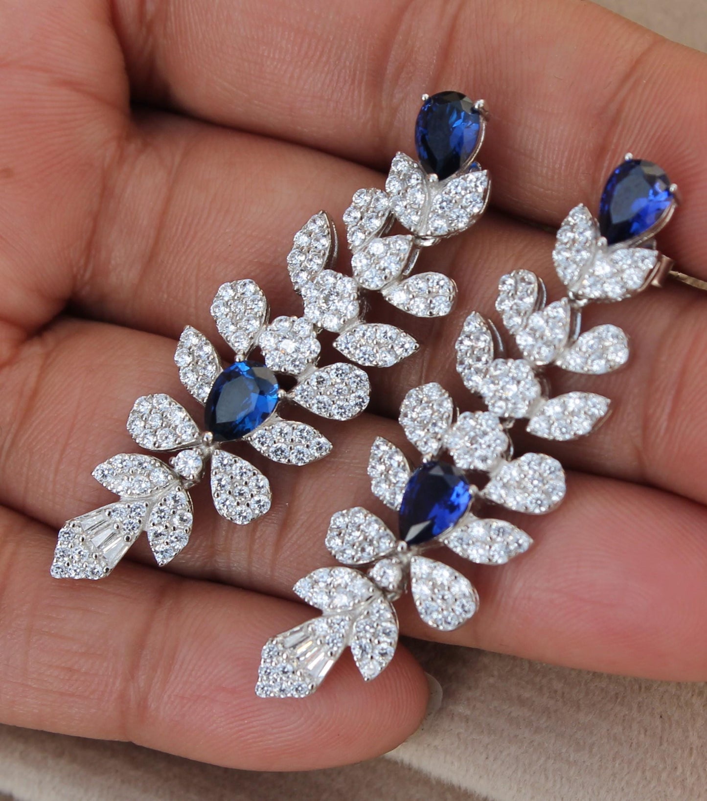 Silver CZ Necklace Set, 925 Sterling Silver Necklace with Earrings- Ring- Bracelet, CZ Stones with Synthetic Sapphire Bridal Jewelry Set