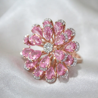 Pink Sapphire & Natural Diamond Flower Ring, Solid Gold Statement Jewelry, Elegant Natural Diamond Ring, Floral Fine Jewelry Gift for Women