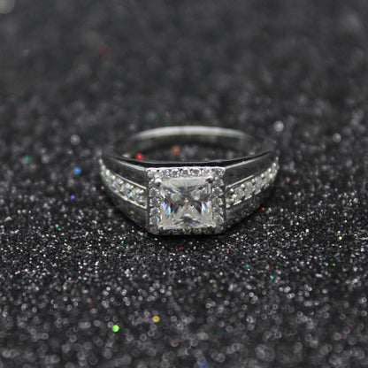 925 Sterling Silver Ring, Men's Moissanite Ring, Engagement Ring For Him, D Color VVS Moissanite Ring, Princess Cut Moissanite Halo Ring