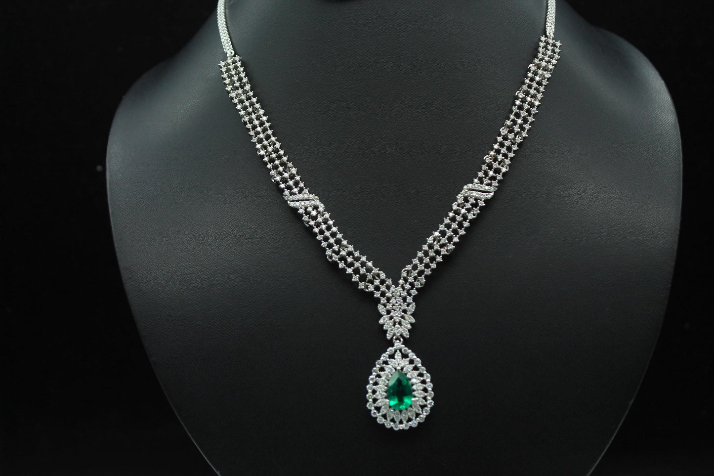 Emerald & Moissanite Necklace Earrings Set, 925 Sterling Silver Necklace, Anniversary Gift, Designer Jewelry, Wedding Necklace Set for Bride