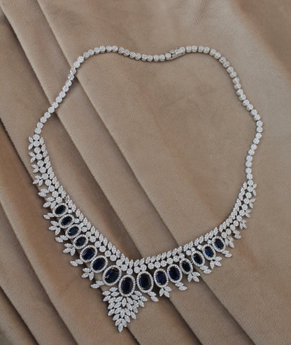 925 Sterling Silver CZ Jewelry Set, Synthetic Sapphire Choker Necklace Set for Women, Statement Bridal Necklace with Earrings-Ring-Bracelet