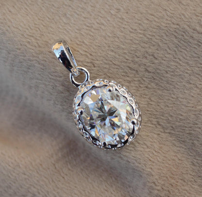 Moissanite 925 Sterling Silver Pendant, Oval Cut White Stone Pendant for Men and Women, Minimalist Pendant for Chain, Silver Charm Pendant