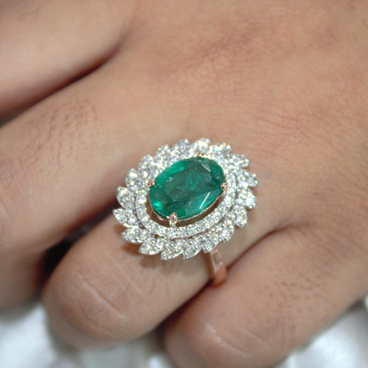 Natural Emerald with Natural Diamonds, Solid Rose Gold Ring for Birthday Gift, Elegant Real Diamond with Real Gold Ring