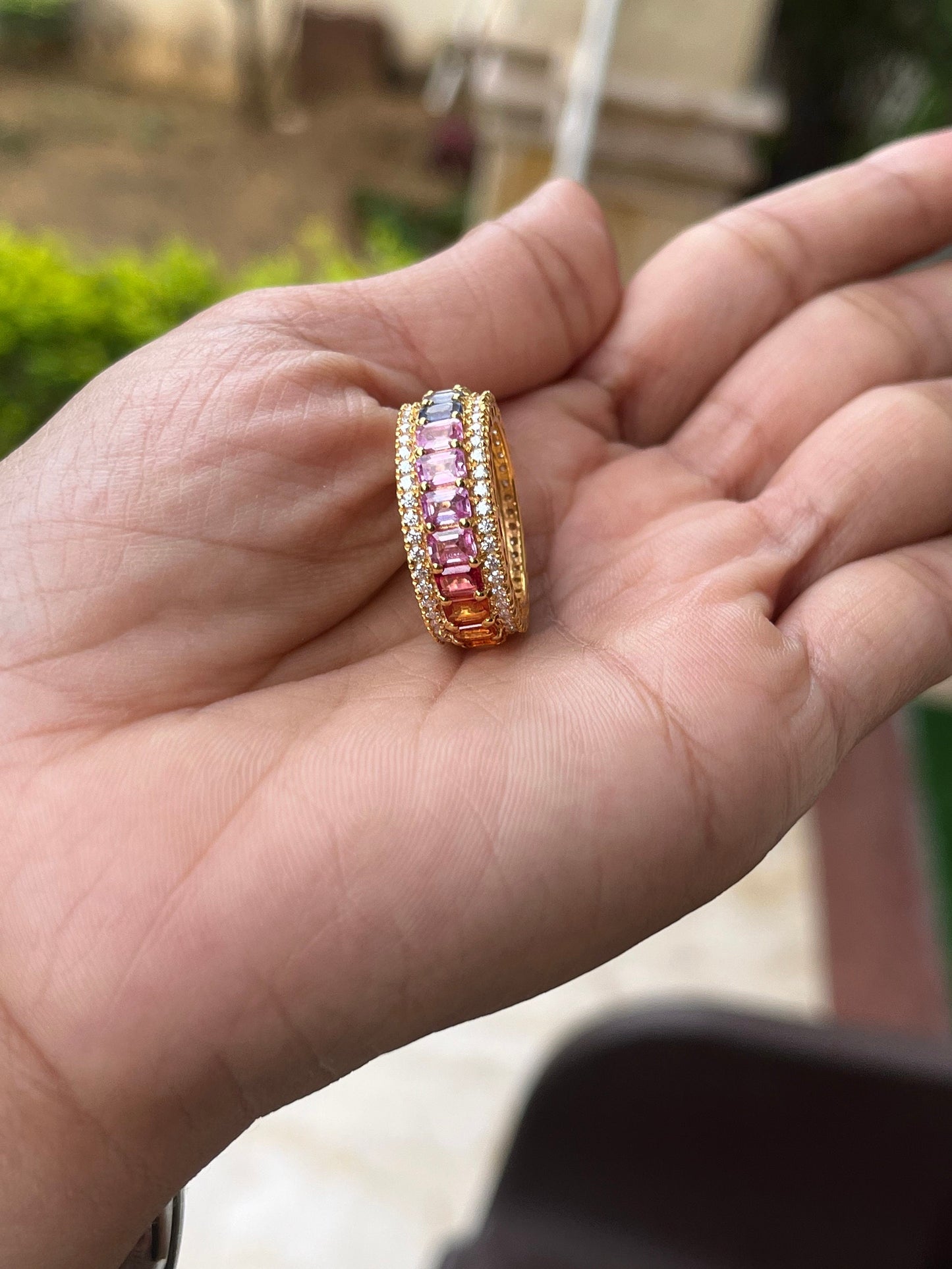 Rainbow Sapphire Round Ring With Moissanite, Multi Sapphire Ring, Full Eternity Band, Gold Ombre Ring, Natural Sapphires Eternity Band