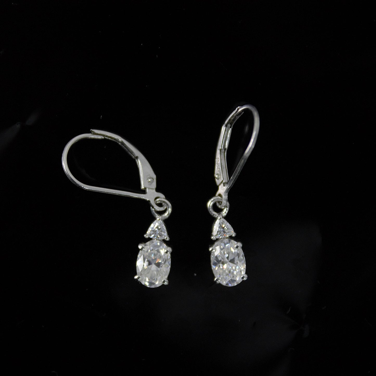 Oval and Trillion Cut Moissanite Earrings, 925 Sterling Silver Lever Back Earrings, Vintage Style Minimalist Earrings, White Stone Earrings