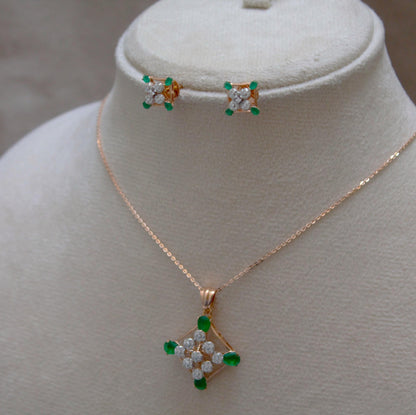 18K Gold Diamond Stud Earrings and Necklace, Charm Handmade Bridal Jewelry Set, Green Emerald Jewelry, Minimalist Wedding Gift for Women
