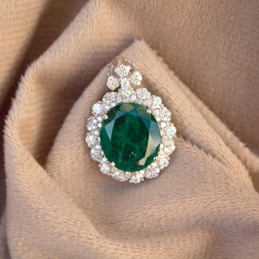 Moissanite with Green Emerald Inclusion Pendant, Oval Shape Prong Set Pendant, Statement Halo Pendant, Green Gemstone Jewelry for Her