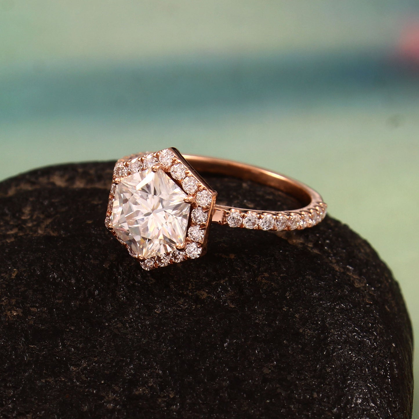 Moissanite Hexagon Ring, Side Melee Stones Ring, 7.5 MM Moissanite Jewelry, Designer Wedding Ring for Bride, Statement Solid Gold Ring Gifts