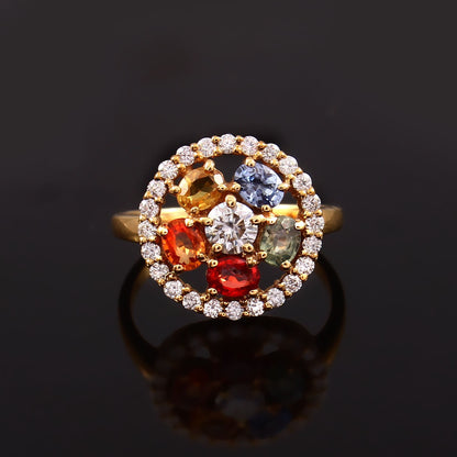 Natural Rainbow Sapphire Ring With Moissanite- Engagement Gold Ring, Flower Ring, Colorful Sapphires Ring, Multi Sapphire Designer Jewelry