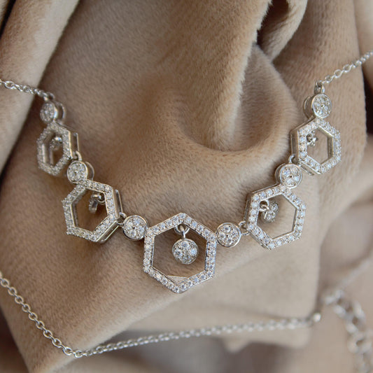 Sterling Silver Moissanite Necklace, Hexagon Shape Necklace, 925 Silver Chain Necklace for Bridesmaids, Designer Silver Necklace Jewelry