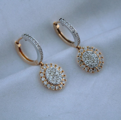 Statement Solid18k Yellow Gold Diamond Jewelry Set, Natural Diamonds Pendant Necklace with Hoop Dangle Earrings, Dainty Elegant Gold Jewelry