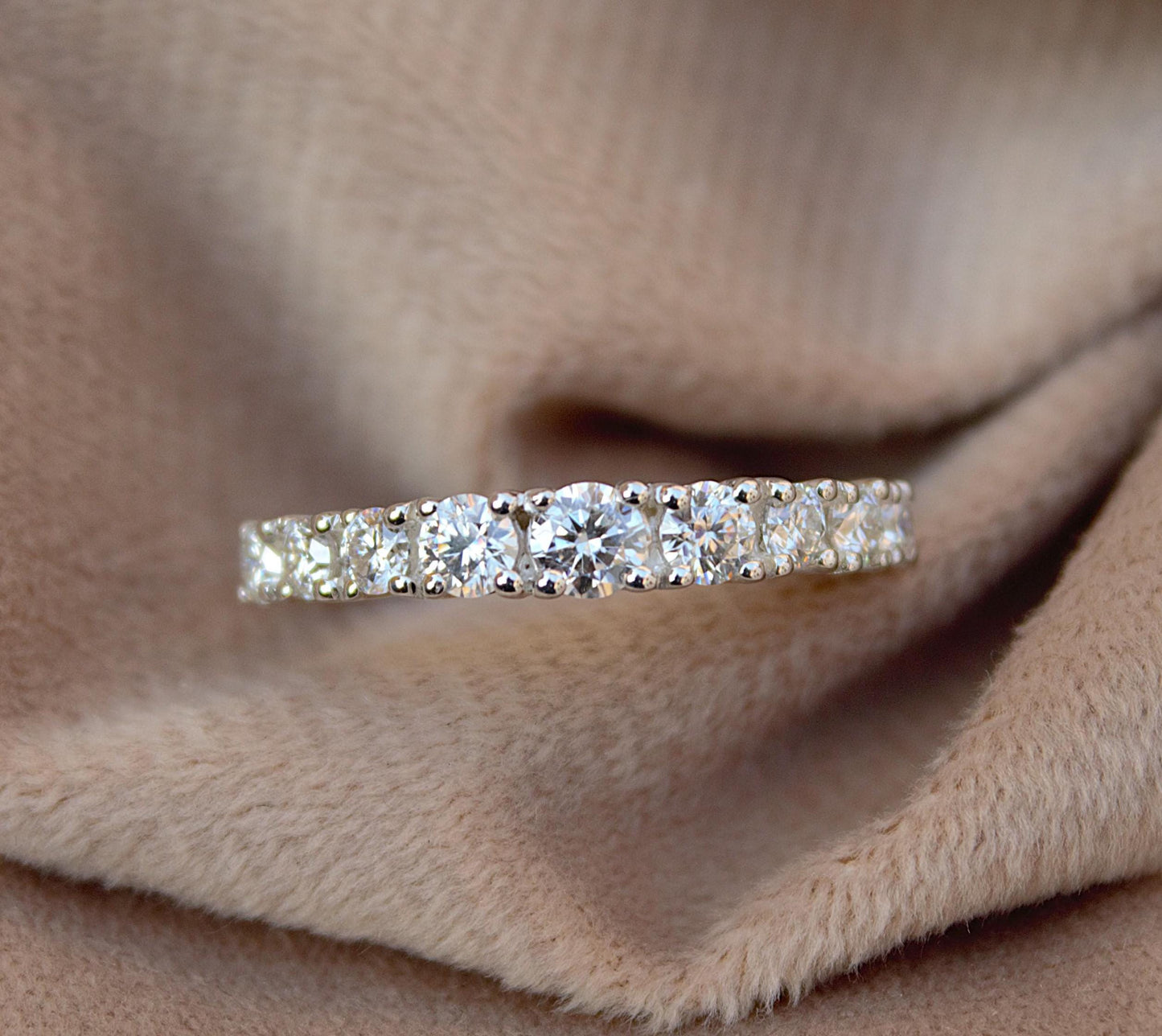 Half Eternity Ring Band in 925 Sterling Silver, Colorless Moissanite Ring, Round Cut Stone Ring for Women, Wedding/Engagement Eternity Band