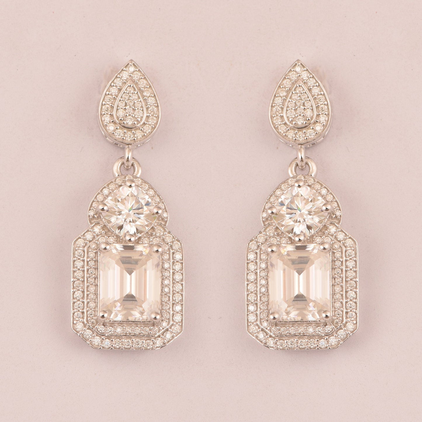 Colorless Moissanite Earrings, Stud Dangle Earrings, Solitaire White Gold Earrings, Halo Moissanite Earring, Designer Wedding Gift for Bride