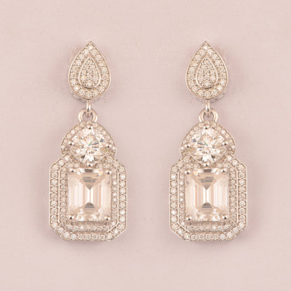 Colorless Moissanite Earrings, Stud Dangle Earrings, Solitaire White Gold Earrings, Halo Moissanite Earring, Designer Wedding Gift for Bride