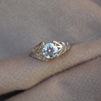 Round Cut Moissanite Stone Ring, 925 Sterling Silver Delicate Ring, Vintage Art Deco Ring, Statement Silver Ring, Prefect Anniversary Gift
