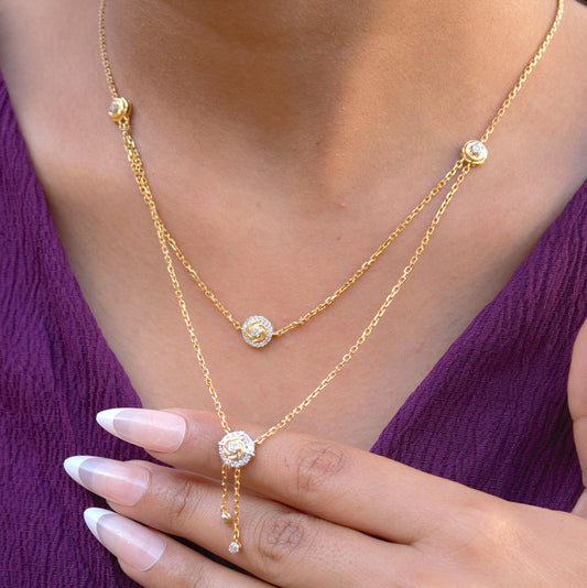 14k Solid Yellow Gold Double Layered Necklace, IGI Certified Gold Diamond Layering Necklace, 16 Inch Timeless Gold Necklace,Delicate Jewelry