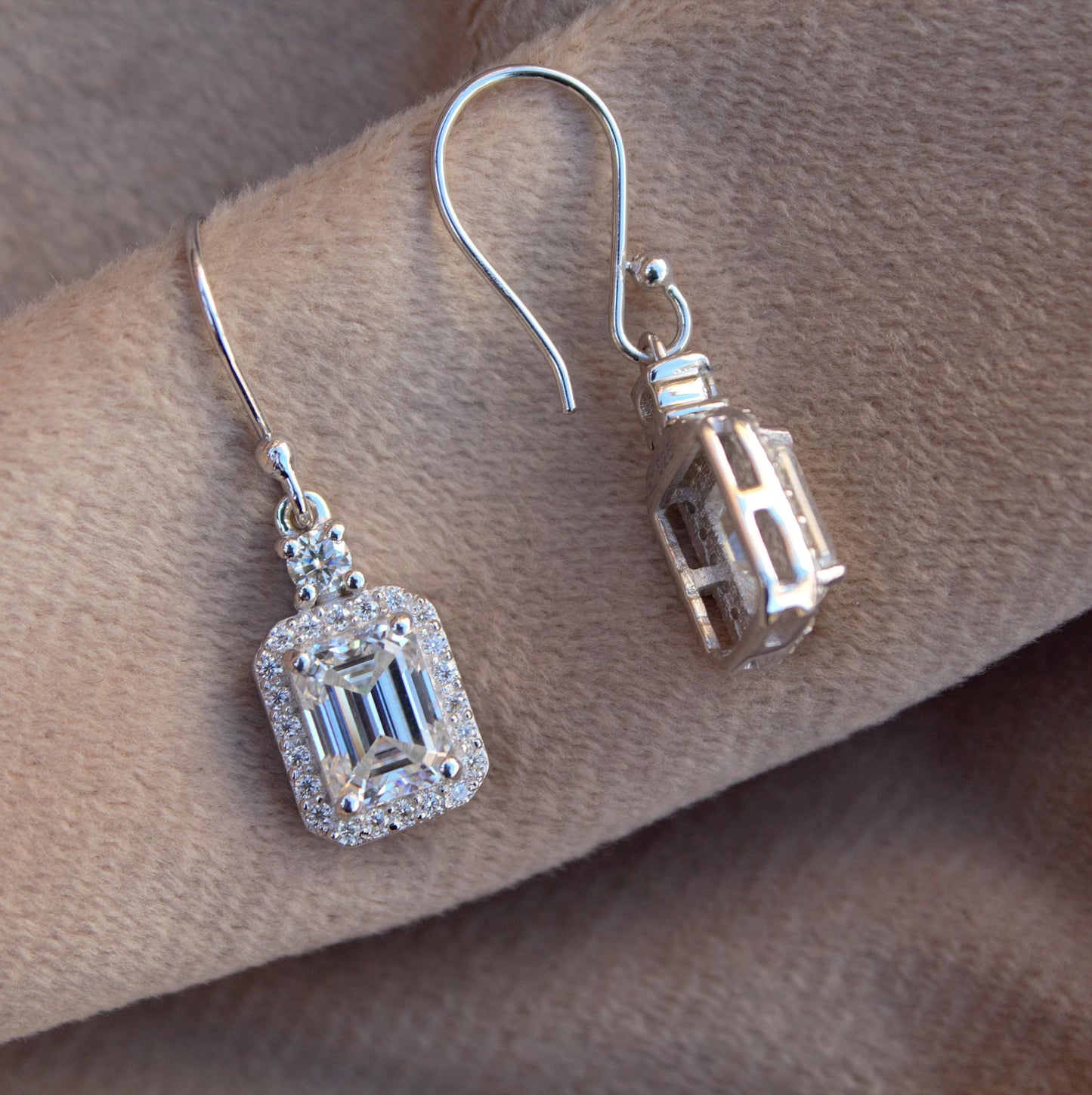 Emerald Cut Moissanite Dangle Earrings, Ear Wire Earrings for Women, 925 Sterling Silver Earrings, Minimalist Solitaire Halo Earrings