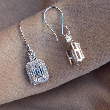 Emerald Cut Moissanite Dangle Earrings, Ear Wire Earrings for Women, 925 Sterling Silver Earrings, Minimalist Solitaire Halo Earrings