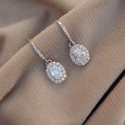 White Moissanite Dangle Earrings in 925 Sterling Silver, Oval Cut Stone Earrings for Her, Statement Jewelry, Perfect for Valentines Day Gift