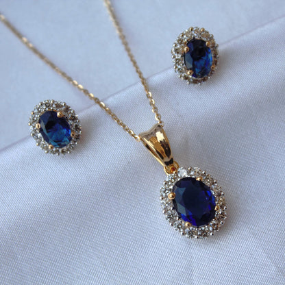 Blue Sapphire with Real Diamonds Jewelry Set, Oval Cut Solitaire Halo Pendant with Stud Earrings, 18k Yellow Gold Jewelry Set for Bridesmaid