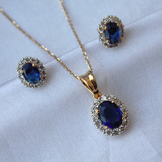 Blue Sapphire with Real Diamonds Jewelry Set, Oval Cut Solitaire Halo Pendant with Stud Earrings, 18k Yellow Gold Jewelry Set for Bridesmaid